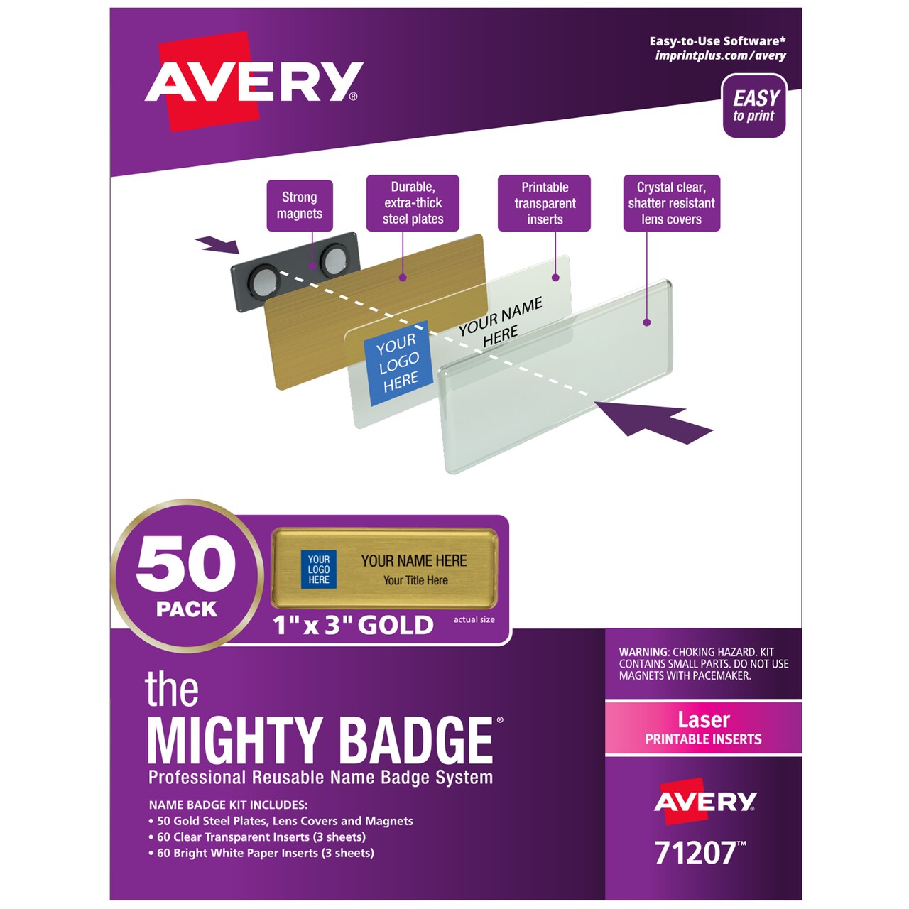 Avery Reusable Magnetic Professional Name Badge System, 1" x 3" Gold Name Tags, 50 Identification Badges, 120 Laser Printable Inserts, Design Software Included (71207)